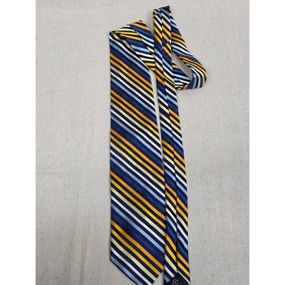 Paul‎ Fredrick Mens Silk Necktie Blue Orange Yellow White Striped Classic Tie